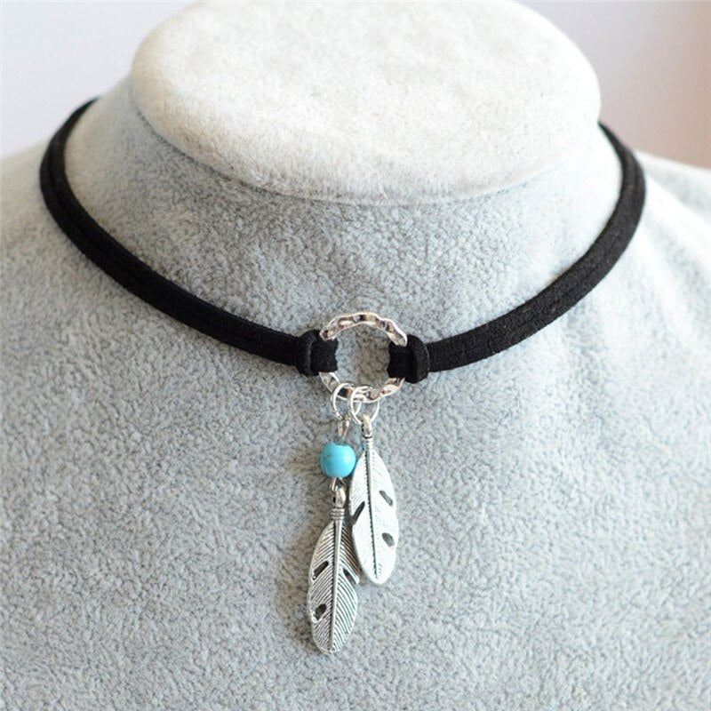 Jewelry Gift Choker Black Brown  Leather Choker Necklace Antique Silver Color Feather Shape Charm  Bohemian Chain Necklace