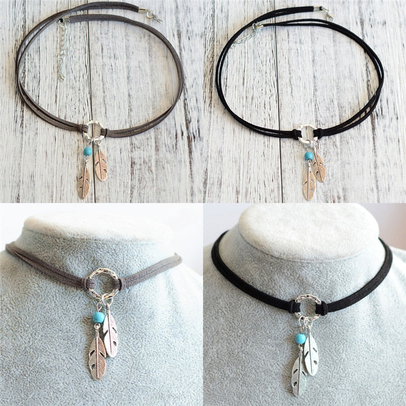 Jewelry Gift Choker Black Brown  Leather Choker Necklace Antique Silver Color Feather Shape Charm  Bohemian Chain Necklace