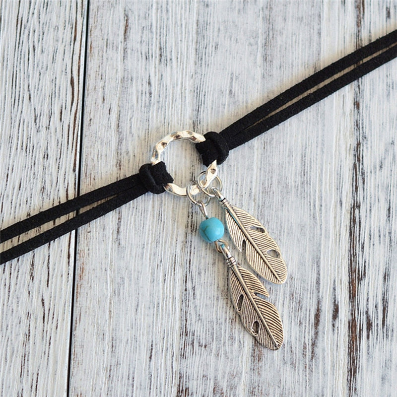 Jewelry Gift Choker Black Brown  Leather Choker Necklace Antique Silver Color Feather Shape Charm  Bohemian Chain Necklace