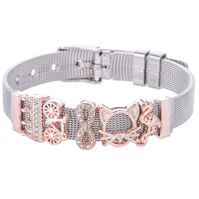 Jewelry Silver Color Stainless Steel Mesh Bracelets Bangles with Love Heart Slide Charms Bracelets for Women Lover Gift
