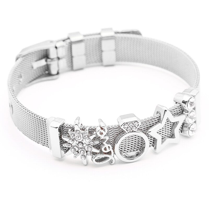 Jewelry Silver Color Stainless Steel Mesh Bracelets Bangles with Love Heart Slide Charms Bracelets for Women Lover Gift