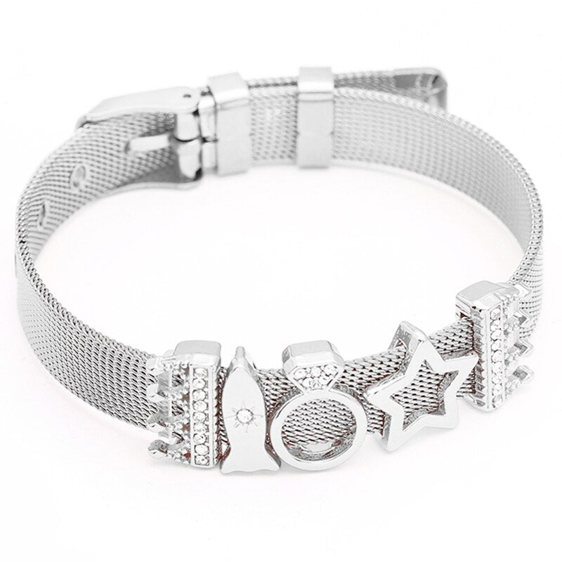 Jewelry Silver Color Stainless Steel Mesh Bracelets Bangles with Love Heart Slide Charms Bracelets for Women Lover Gift