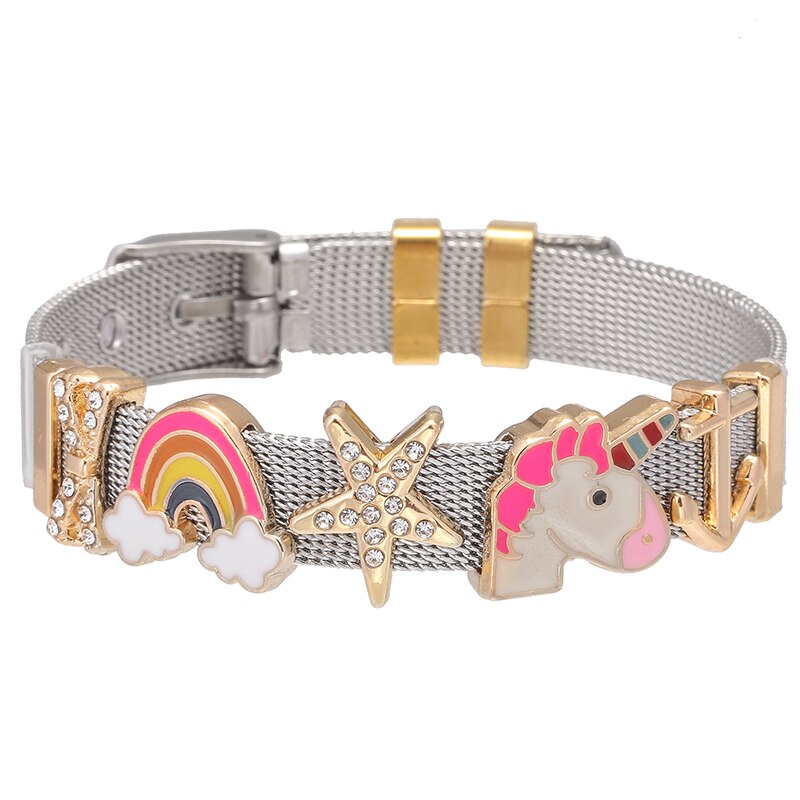 Jewelry Silver Color Stainless Steel Mesh Bracelets Bangles with Love Heart Slide Charms Bracelets for Women Lover Gift
