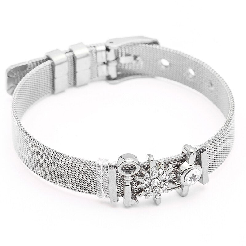 Jewelry Silver Color Stainless Steel Mesh Bracelets Bangles with Love Heart Slide Charms Bracelets for Women Lover Gift