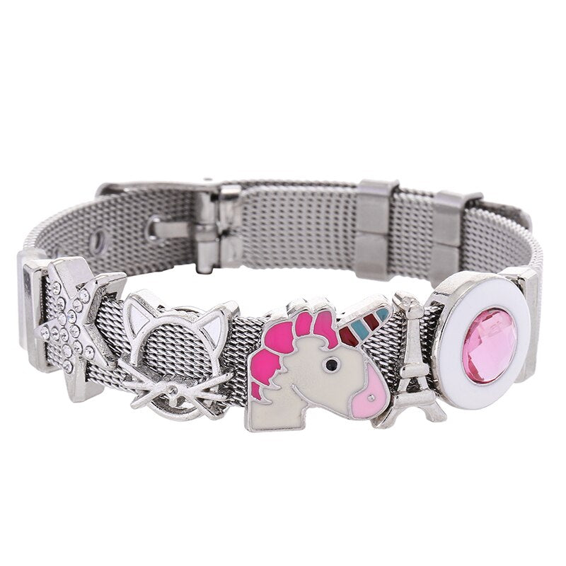 Jewelry Silver Color Stainless Steel Mesh Bracelets Bangles with Love Heart Slide Charms Bracelets for Women Lover Gift