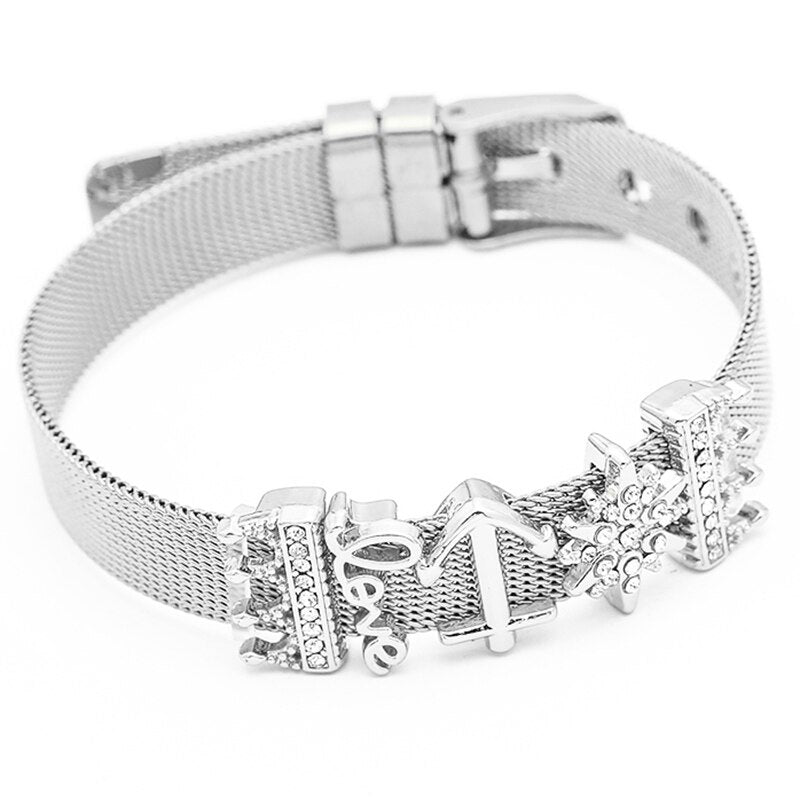 Jewelry Silver Color Stainless Steel Mesh Bracelets Bangles with Love Heart Slide Charms Bracelets for Women Lover Gift