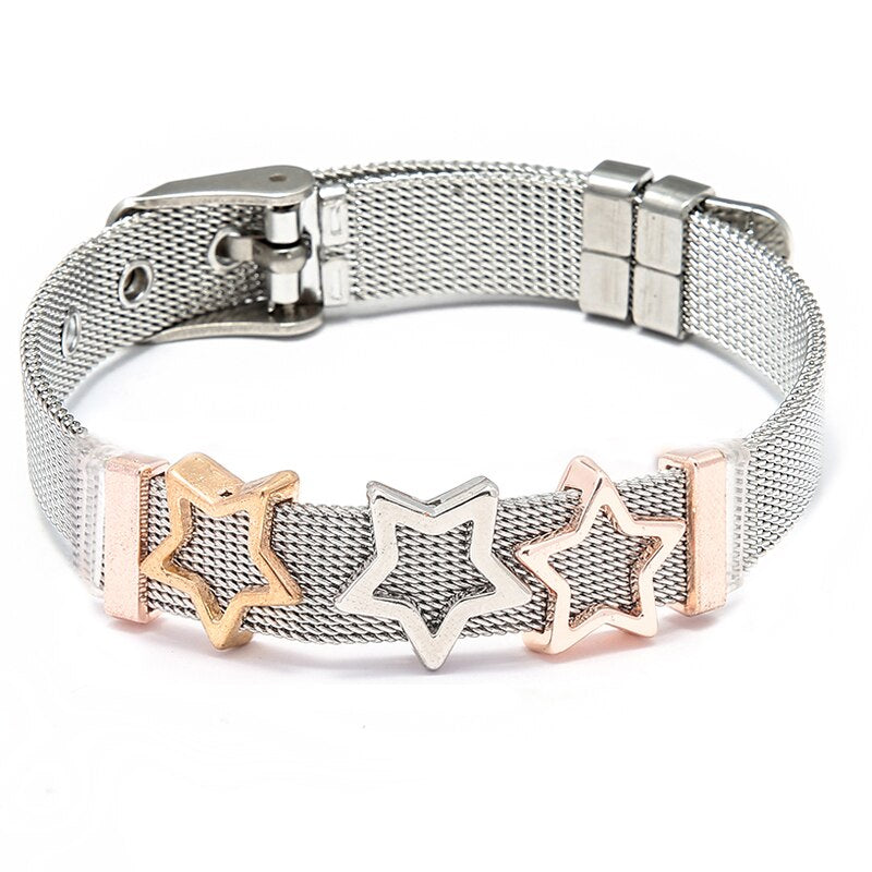 Jewelry Silver Color Stainless Steel Mesh Bracelets Bangles with Love Heart Slide Charms Bracelets for Women Lover Gift