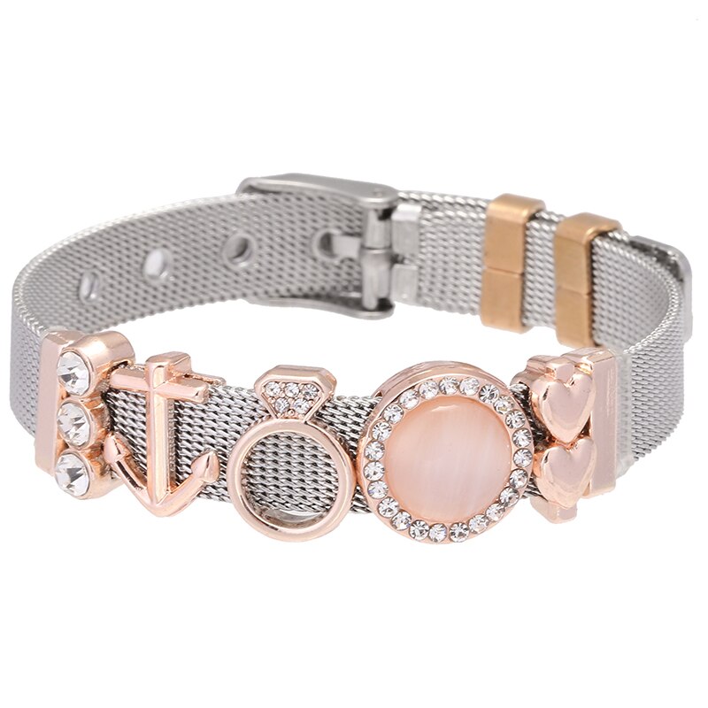Jewelry Silver Color Stainless Steel Mesh Bracelets Bangles with Love Heart Slide Charms Bracelets for Women Lover Gift