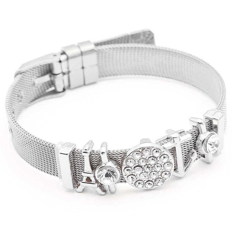Jewelry Silver Color Stainless Steel Mesh Bracelets Bangles with Love Heart Slide Charms Bracelets for Women Lover Gift