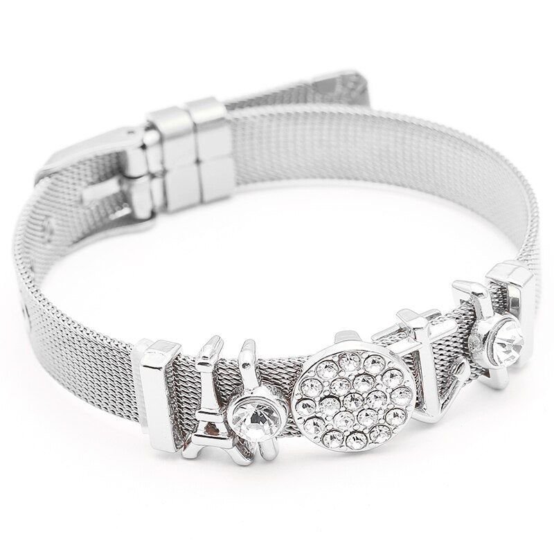 Jewelry Silver Color Stainless Steel Mesh Bracelets Bangles with Love Heart Slide Charms Bracelets for Women Lover Gift