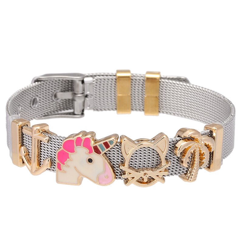 Jewelry Silver Color Stainless Steel Mesh Bracelets Bangles with Love Heart Slide Charms Bracelets for Women Lover Gift
