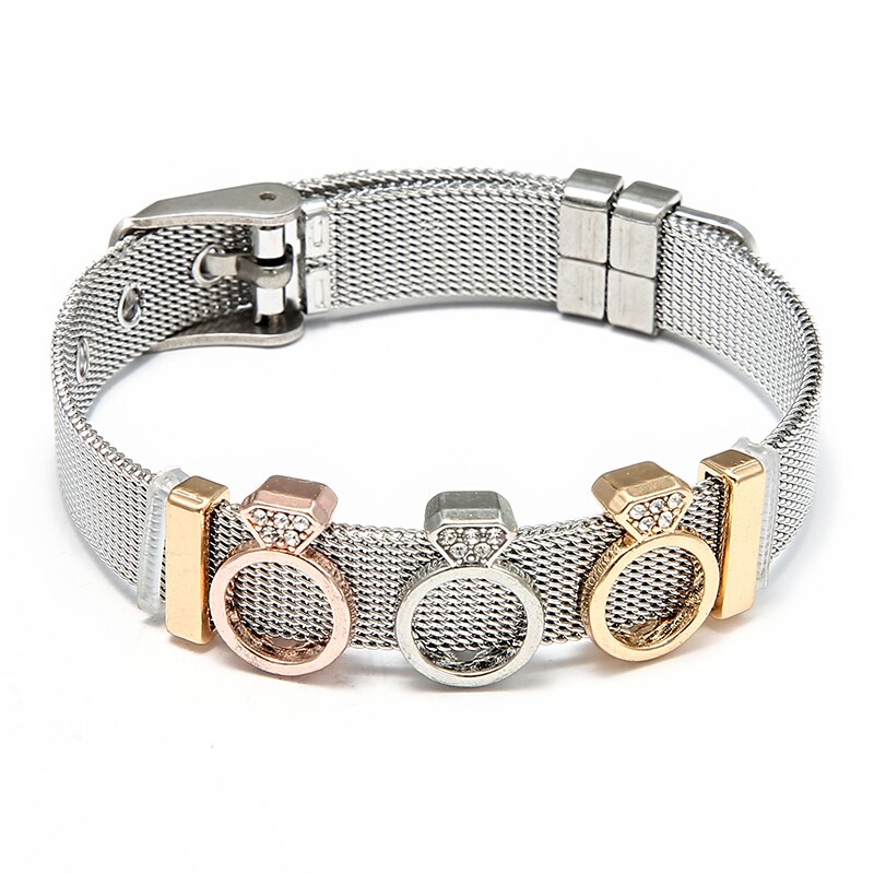 Jewelry Silver Color Stainless Steel Mesh Bracelets Bangles with Love Heart Slide Charms Bracelets for Women Lover Gift