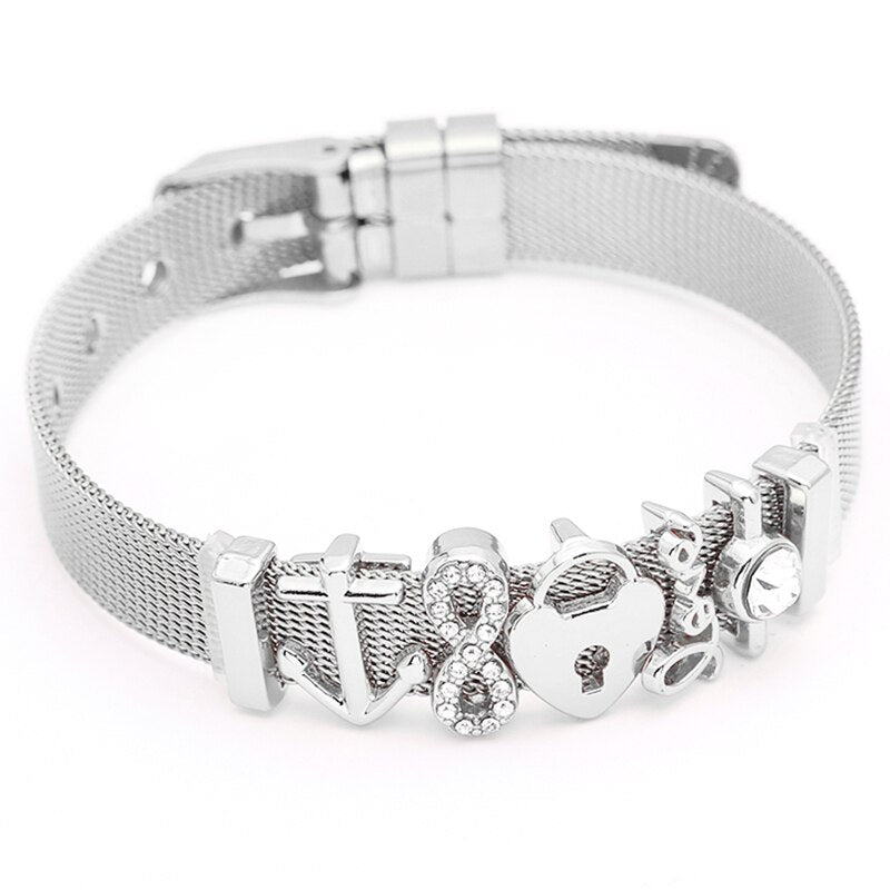 Jewelry Silver Color Stainless Steel Mesh Bracelets Bangles with Love Heart Slide Charms Bracelets for Women Lover Gift