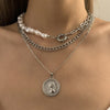 Jewelry Temperament Imitation Pearl Chain Splicing Necklace Retro Hip Hop Queen's Head Pendant