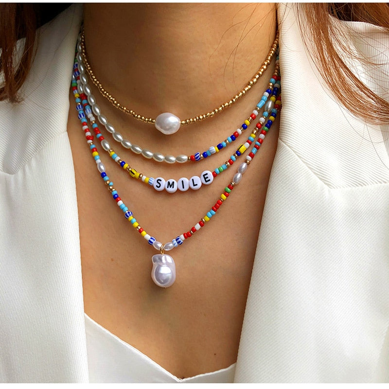 Jewelry shaped pearl letter clavicle chain multi-layer combination stacking colored millet bead women necklace female