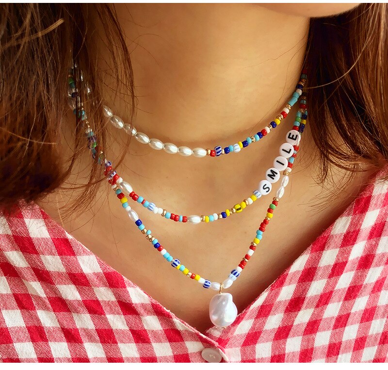 Jewelry shaped pearl letter clavicle chain multi-layer combination stacking colored millet bead women necklace female