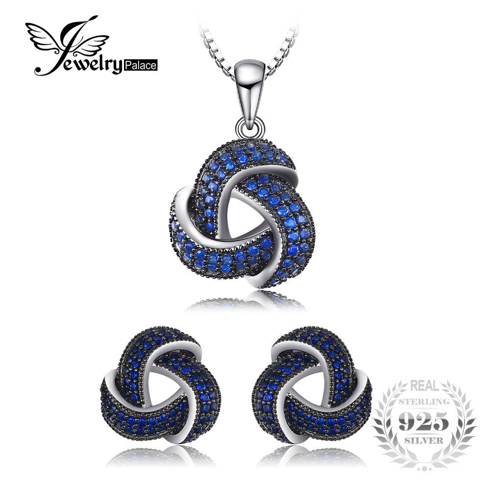 1ct Created Blue Spinel Flower Wraparound Cluster Pendant Necklace Stud Earrings Jewelry Sets 925 Sterling Silver