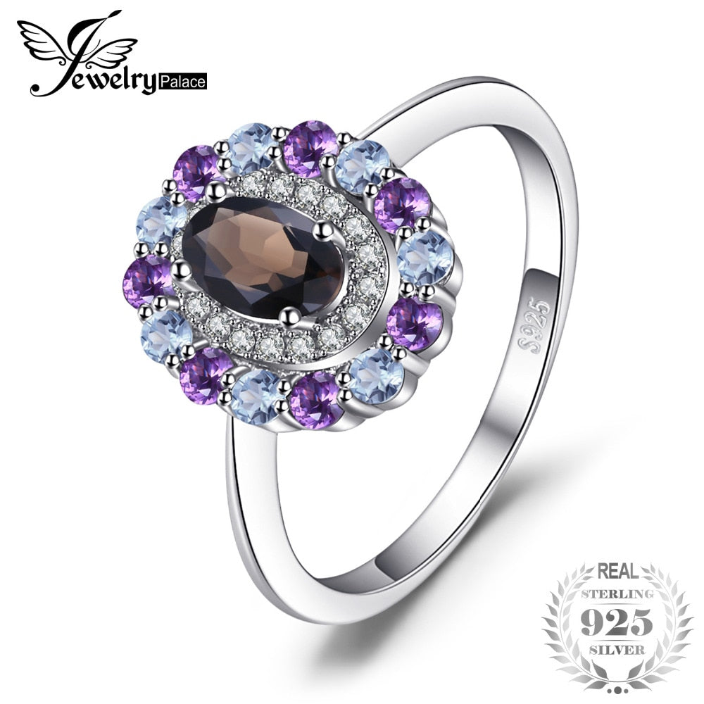 1ct Genuine Smoky Quartz Sky Blue Topaz Amethyst Cluster Ring 925 Sterling Silver Vintage Gift For Women Jewelry