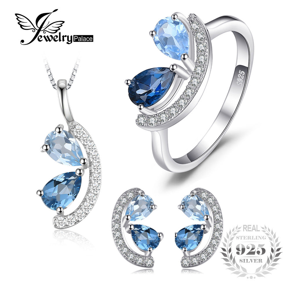2.8ct Genuine Sky, London Blue Topaz Cluster Pendant Necklace Stud Earrings Ring Jewelry Sets 925 Sterling Silver
