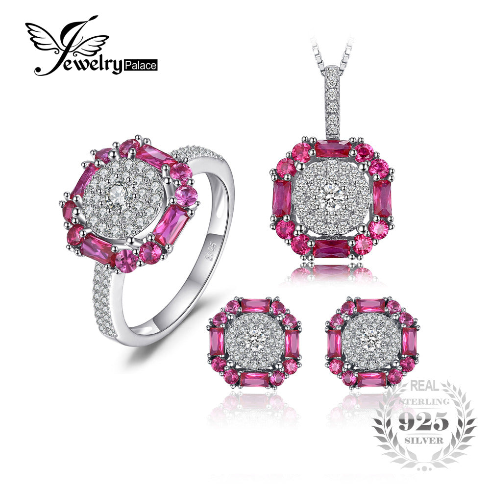 3ct Created Ruby Stud Earrings Ring Pendant Necklace Fine Jewelry Sets 925 Sterling Silver 45cm Chain For Women