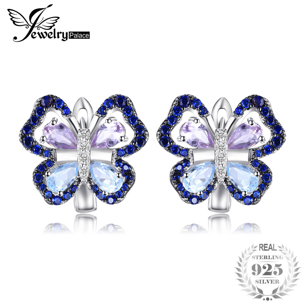 4.8ct Genuine Amethyst Sky Blue Topaz Butterfly Clip Earrings 925 Sterling Silver Fine Jewelry New Arrival