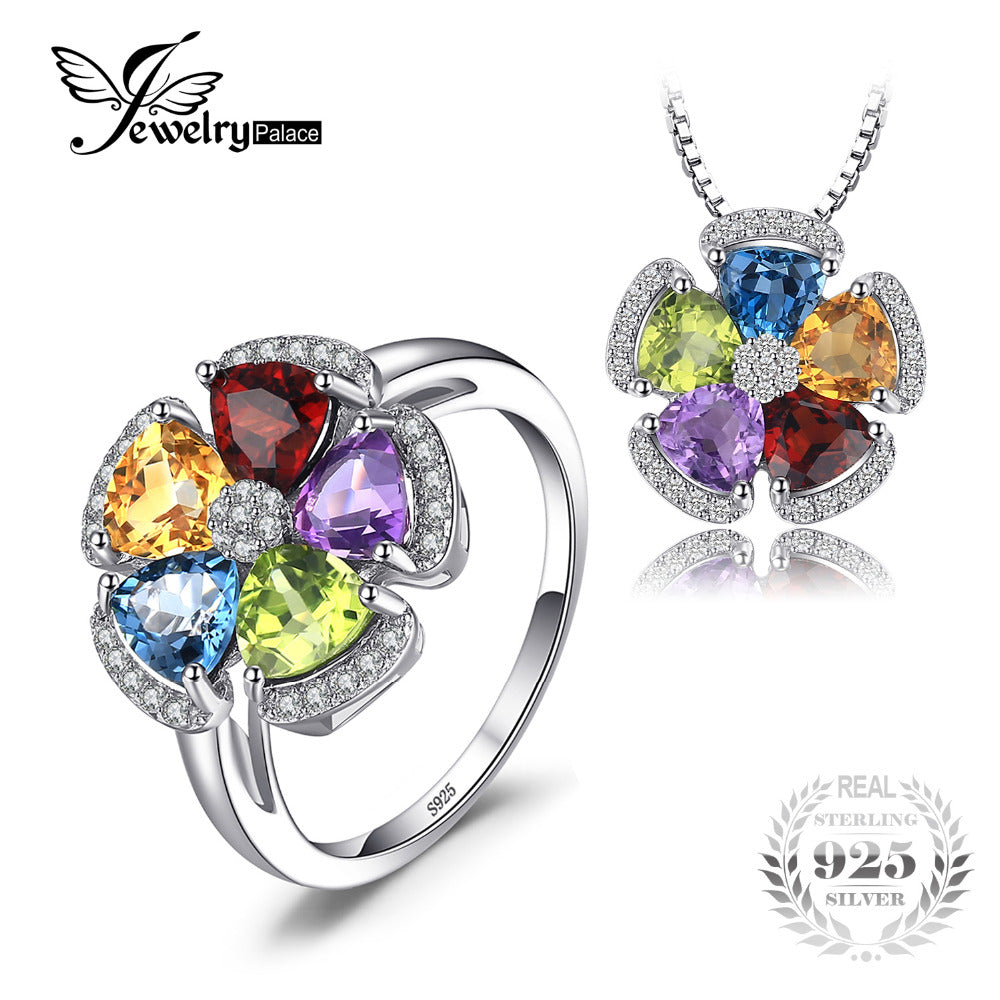 5.2ct Genuine Blue Topaz Amethyst Citrine Garnet Peridot Ring Pendant Necklaces Jewelry Sets 925 Sterling Silver