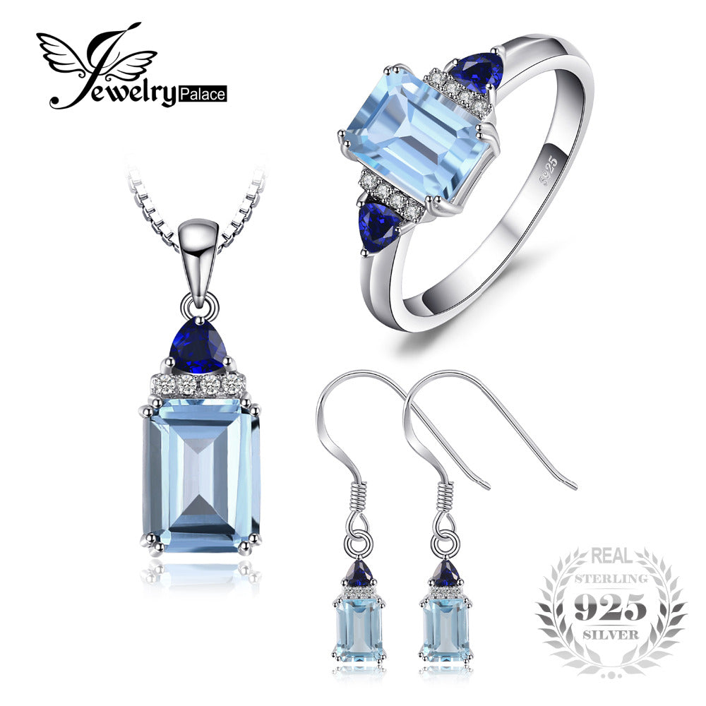 5ct Emerald Cut Sky Blue Topaz Created Sapphire Ring Drop Earrings Pendant Necklaces Women 925 Silver Jewelry Sets