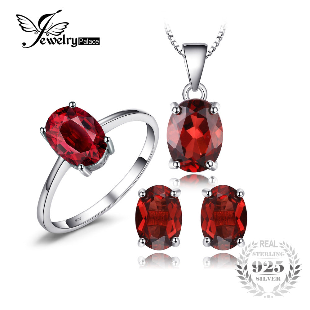 5ct Oval Natural Gemstone Red Garnet Ring Earrings Pendant Necklace Pure 925 Sterling Silver Fine Jewelry