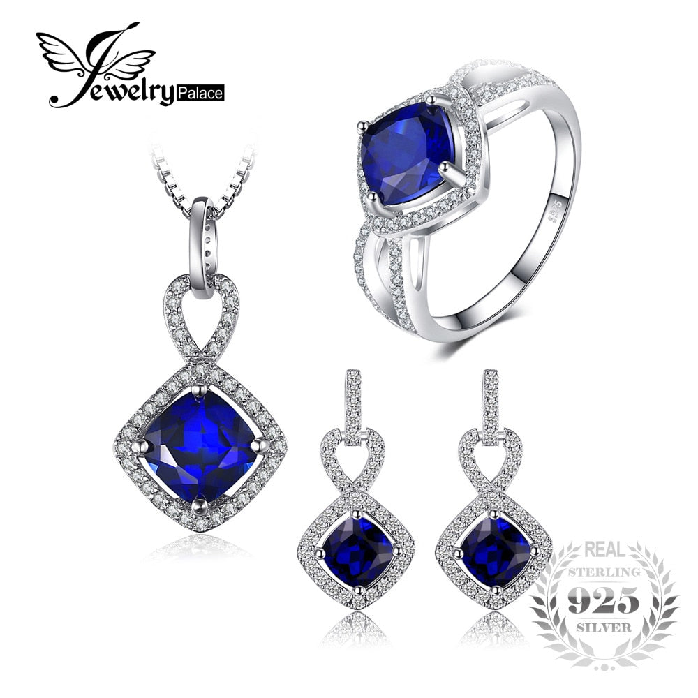 6.3ct Cushion Created Blue Sapphire Halo Ring Dangle Earrings Pendant Necklace Jewelry Sets 925 Sterling Silver