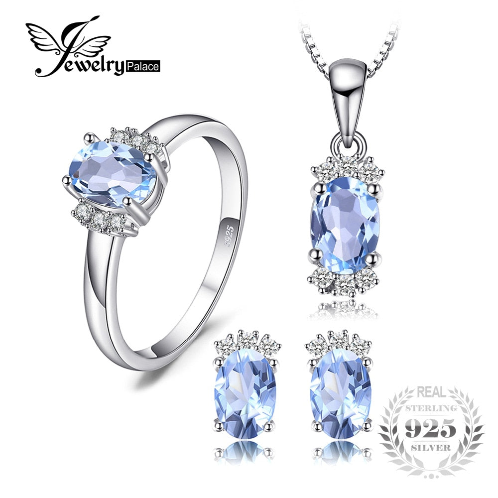 Birthstone 3.2ct Genuine Oval Sky Blue Topaz Ring Pendant Necklace Stud Earrings Jewelry Sets 925 Sterling Silver