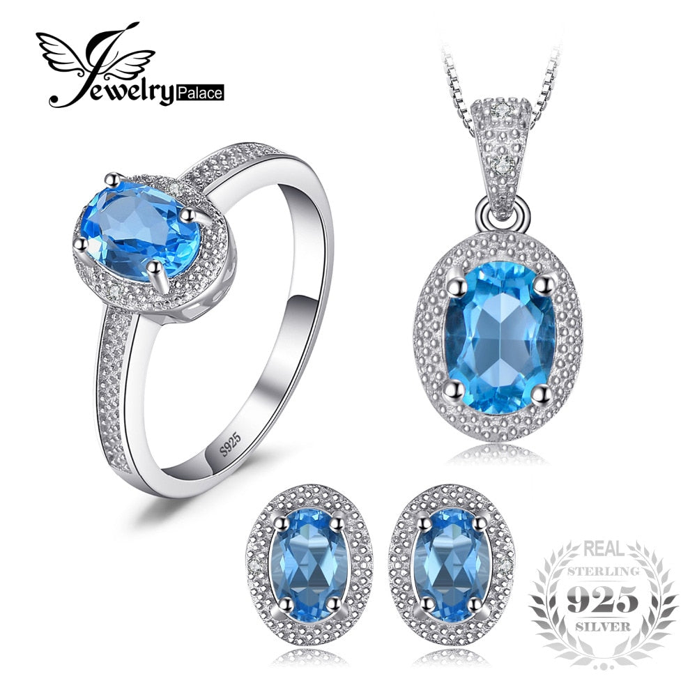 Classic 3ct Genuine Swis Blue Topaz Halo Ring Pendant Necklace Stud Earrings Jewelry Sets 925 Sterling Silver 45cm