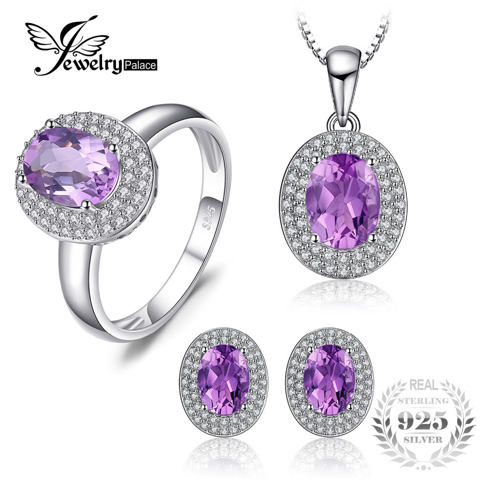 Classic 4.3 Genuine Amethyst Halo Ring Pendant Necklace Stud Earrings Jewelry Sets 925 Sterling Silver 45cm chain