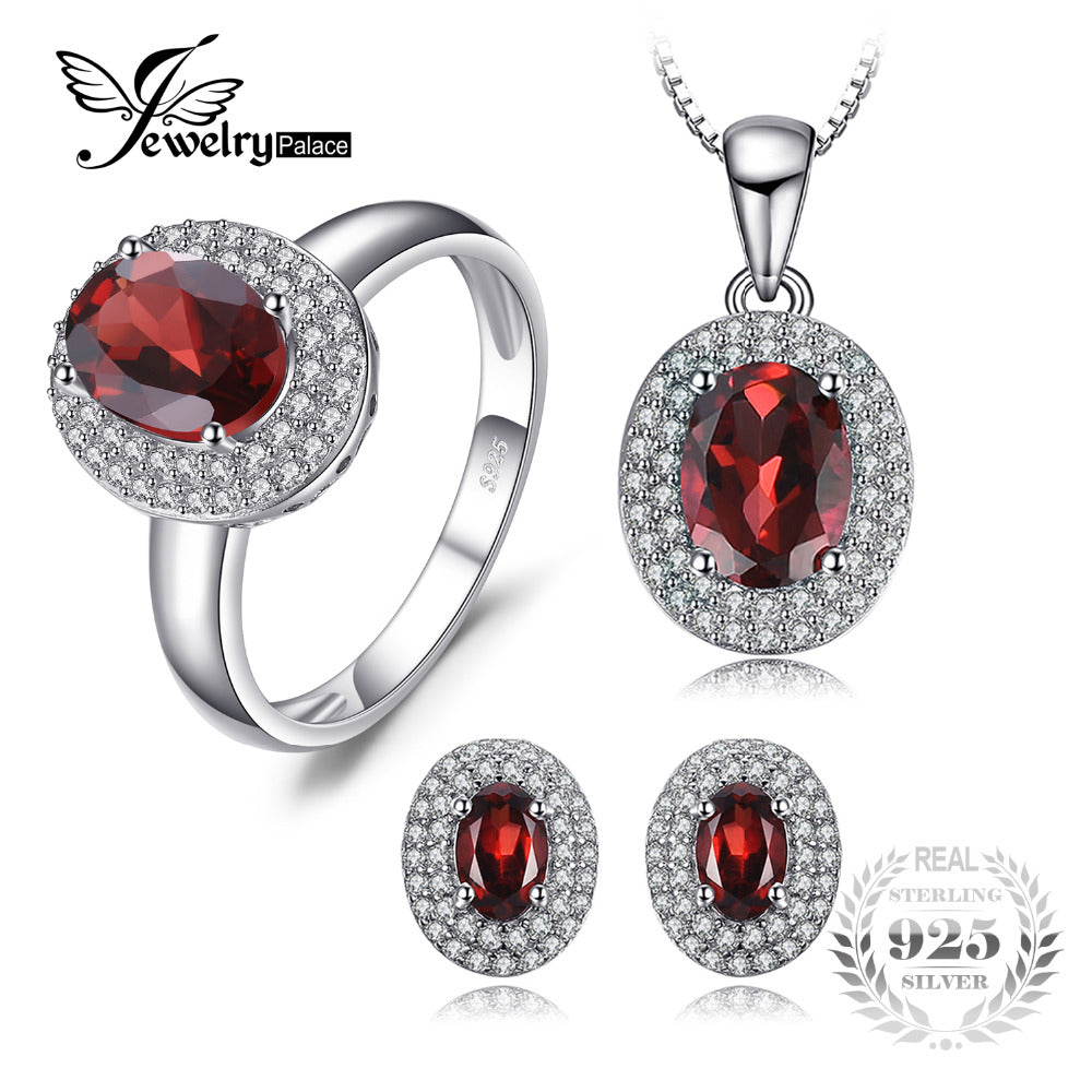 Classic 4.5ct Genuine Red Garnet Halo Ring Stud Earrings Pendant Necklace Jewelry Sets 925 Sterling Silver Chain