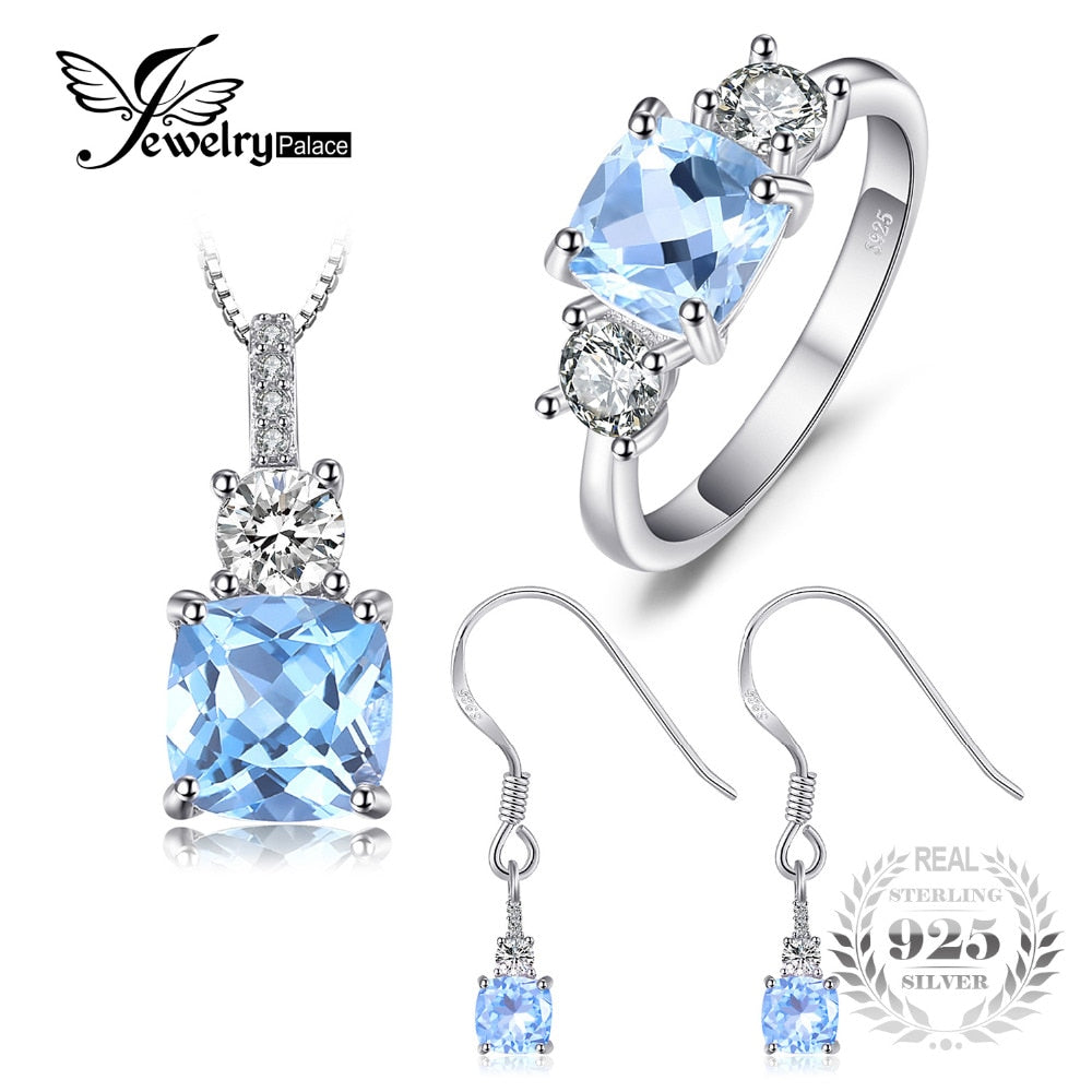 Classic 6ct Genuine Blue Topaz 3 Stone Ring Pendant Necklace Drop Earrings Jewelry Sets 925 Sterling Silver 45cm