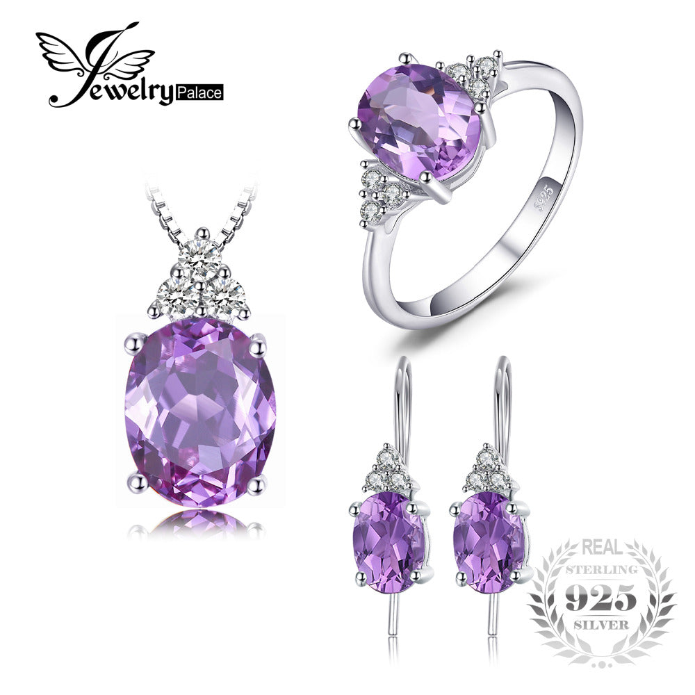 Classic 7ct Created Alexandrite Ring Pendant Necklaces Drop Earrings Jewelry Sets 925 Sterling Silver Chain 45cm