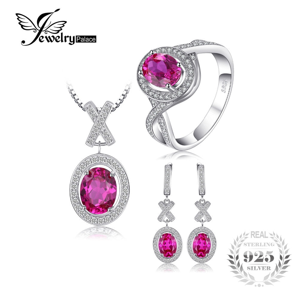 Classic 8ct Oval Created Pink Sapphire Pendant Necklace Drop Dangle Earrings Ring 925 Sterling Silver Jewelry Set
