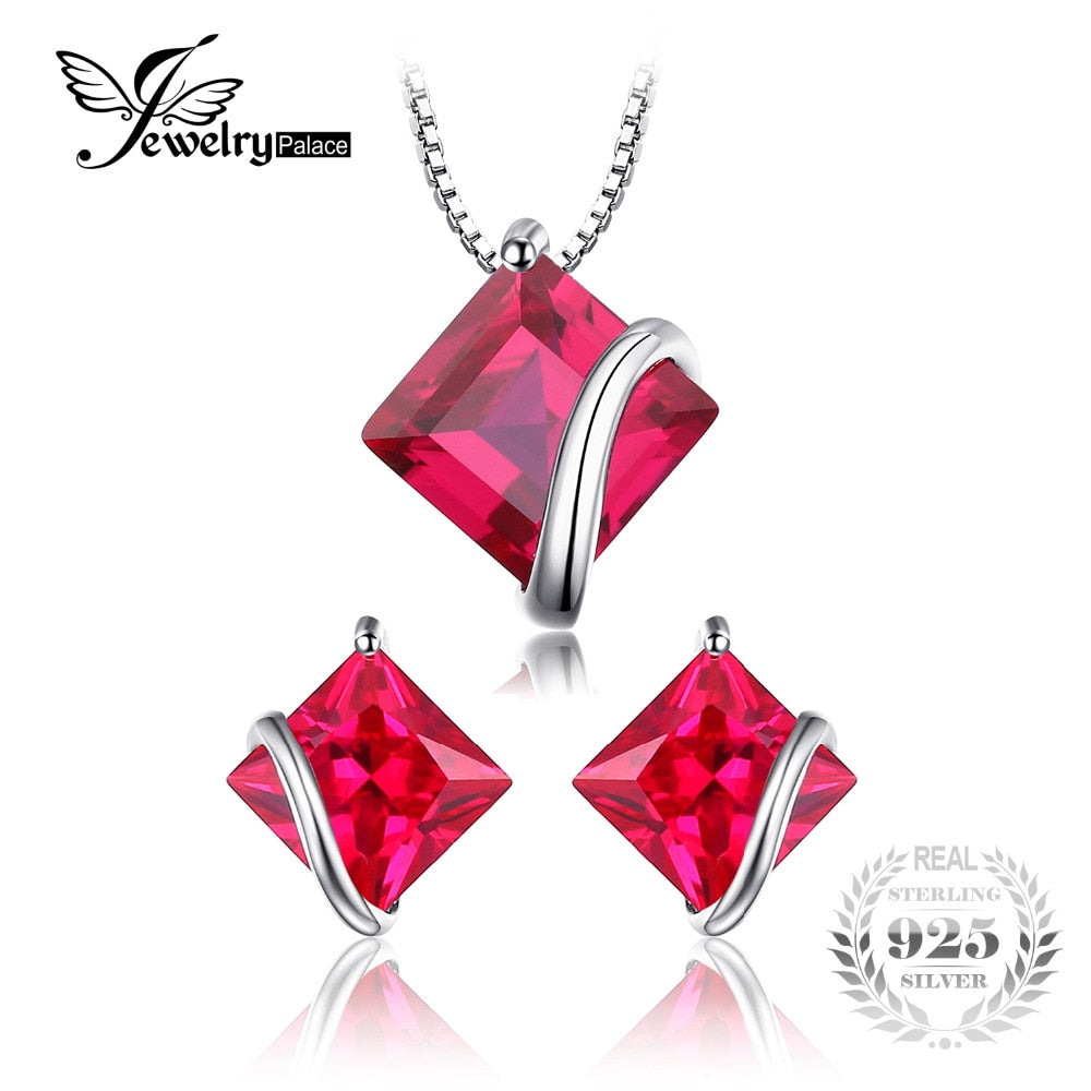 Classic Square 6.1ct Created Ruby Stud Earrings Pendants & Necklaces 925 Sterling Silver Fine Jewelry For Women