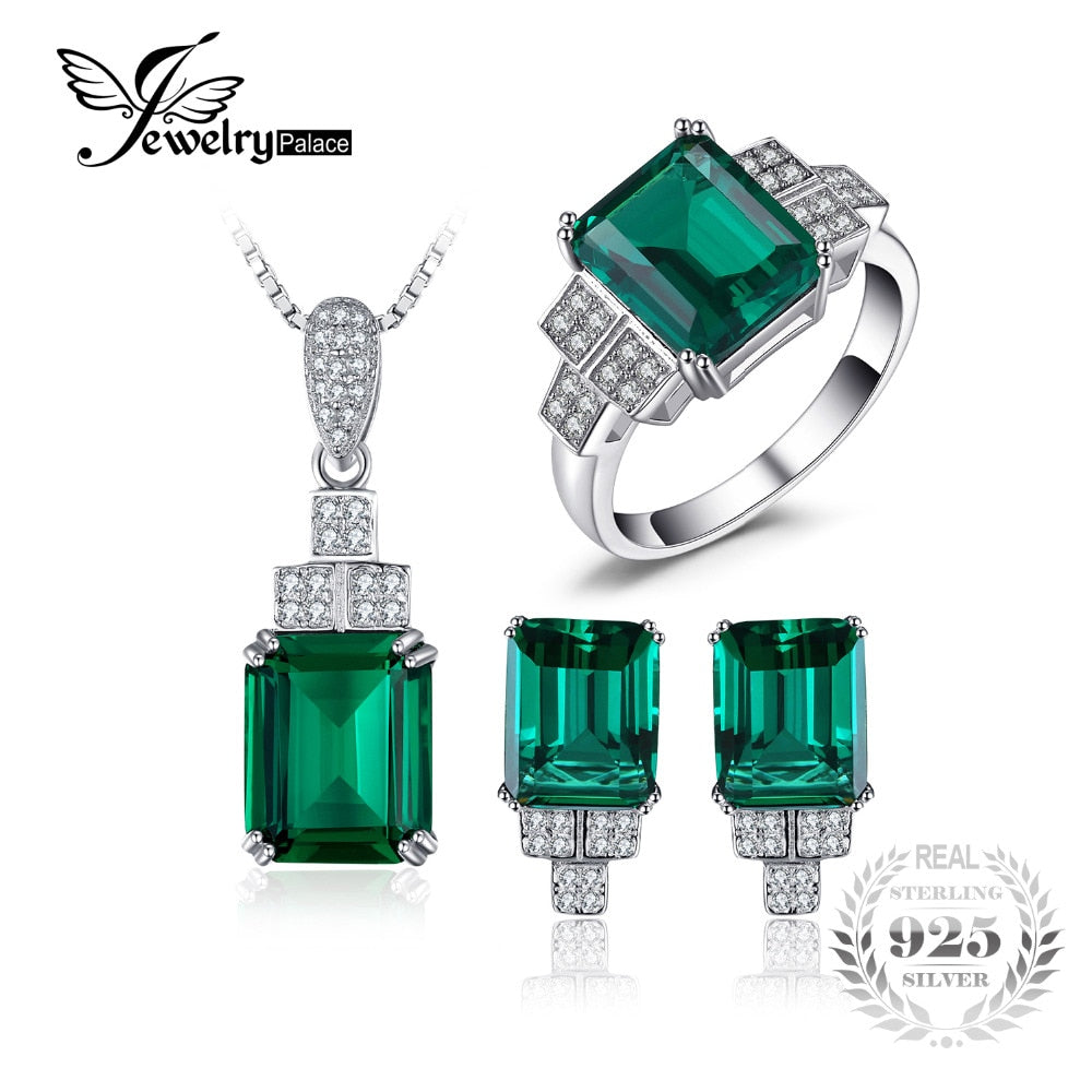 Created Emerald Jewelry Set 925 Sterling Silver Ring Necklace Pendant Earring Clip Women Bridal Jewelry Set