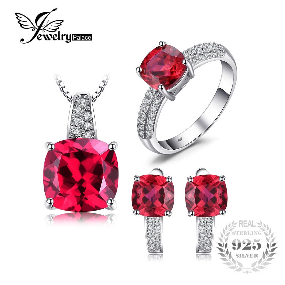 Created Ruby Ring Necklace Clip Earring Jewelry Set 925 Sterling Silver Jewelry Set Fine Jewelry for Women