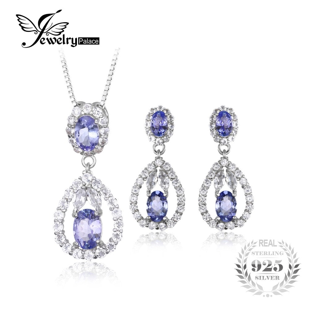 Elegant 5ct Natural Tanzanite White Topaz Drop Dangle Earrings Pendant Necklace 925 Sterling Silver Jewelry