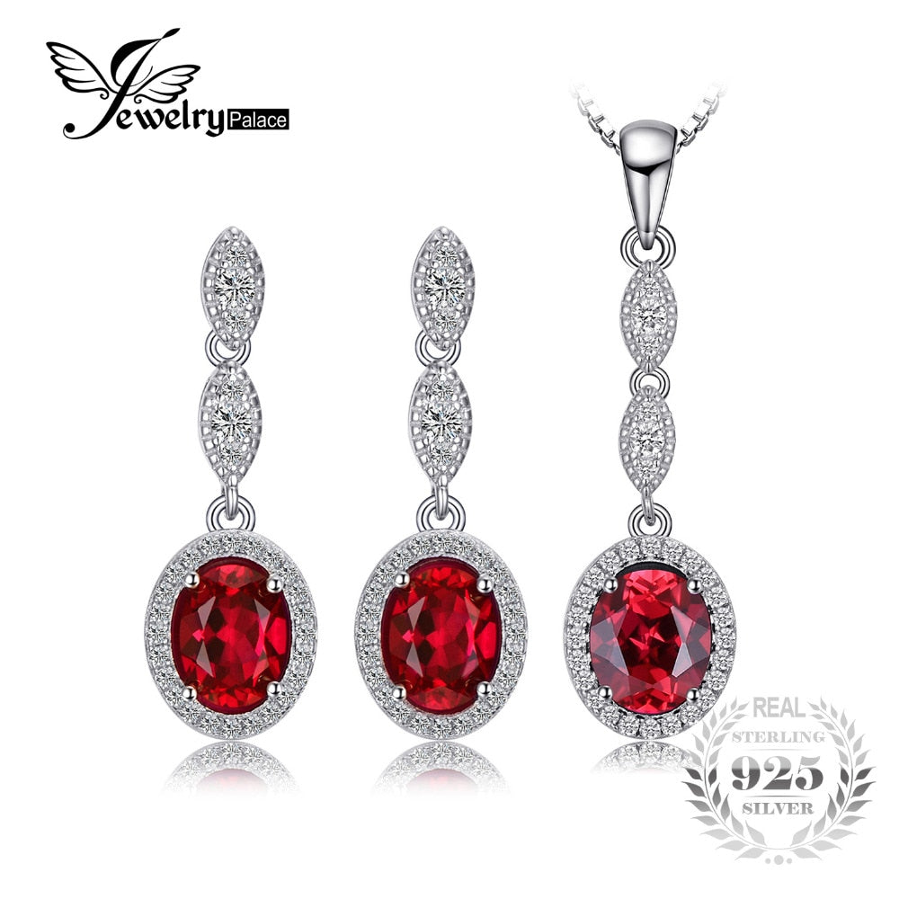 Elegant 6.2ct Created Ruby Dangle Earrings Pendant Necklace Jewelry Sets 925 Sterling Silver 45mm
