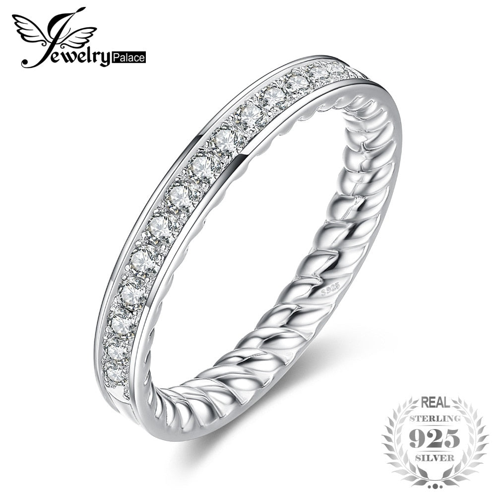 Engraved Twisted Rope Pave Cubic Zirconia Half Eternity Channel Set Wedding Band 925 Sterling Silver Ring