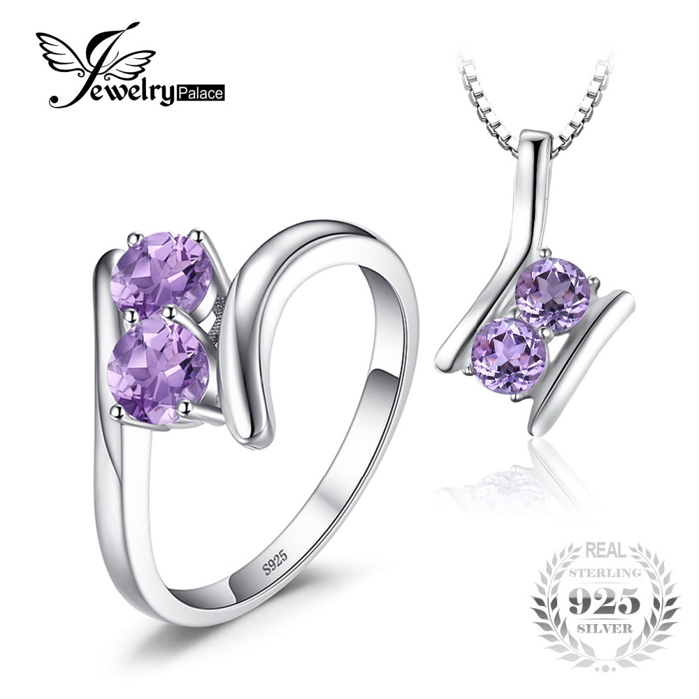 Fashion 1.2ct Genuine Amethyst 2 Stone Pendant Necklace Ring Pure 925 Sterling Silver 45cm Chain Fine Jewelry Sets