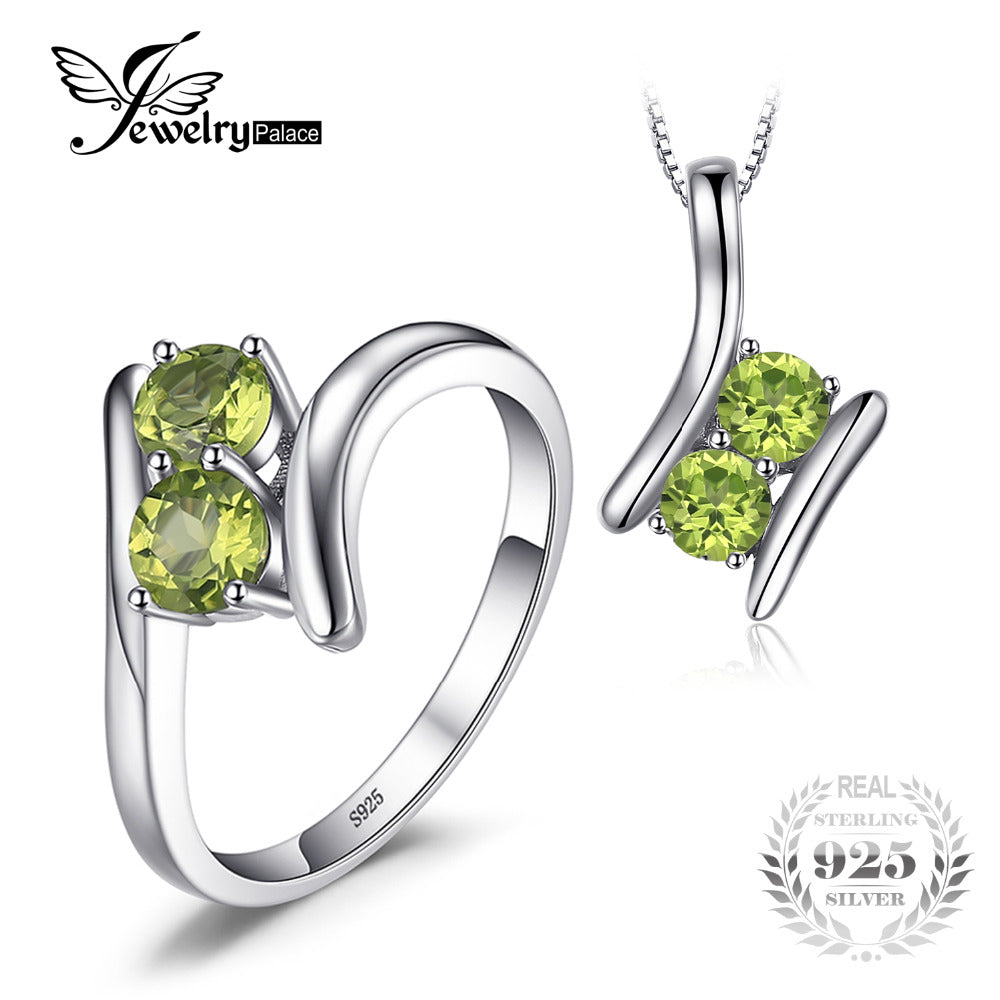 JewelryPalace Fashion 1.64ct Genuine Peridot 2 Stone Pendant Necklace Ring Real 925 Sterling Silver 45cm Chain Fine Jewelry Sets