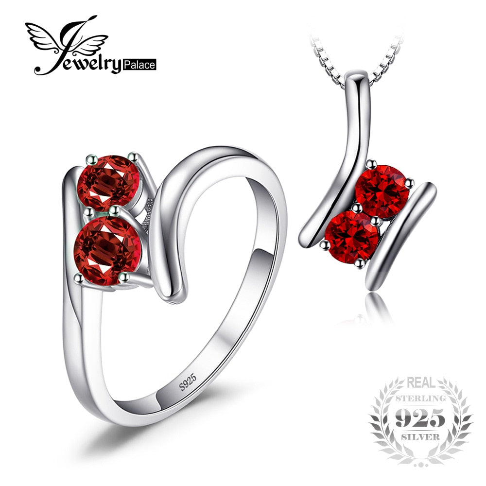 Fashion 1.9ct Genuine Garnet 2 Stone Pendant Necklace Ring 925 Sterling Silver 45CM Chain Women Fine Jewelry Sets