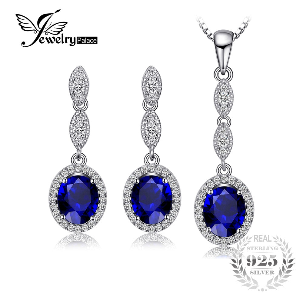Fashion 6.2ct Oval Blue Created Sapphire Pendant Necklace Drop Earrings Fine Jewelry Sets 925 Sterling Silver 45cm