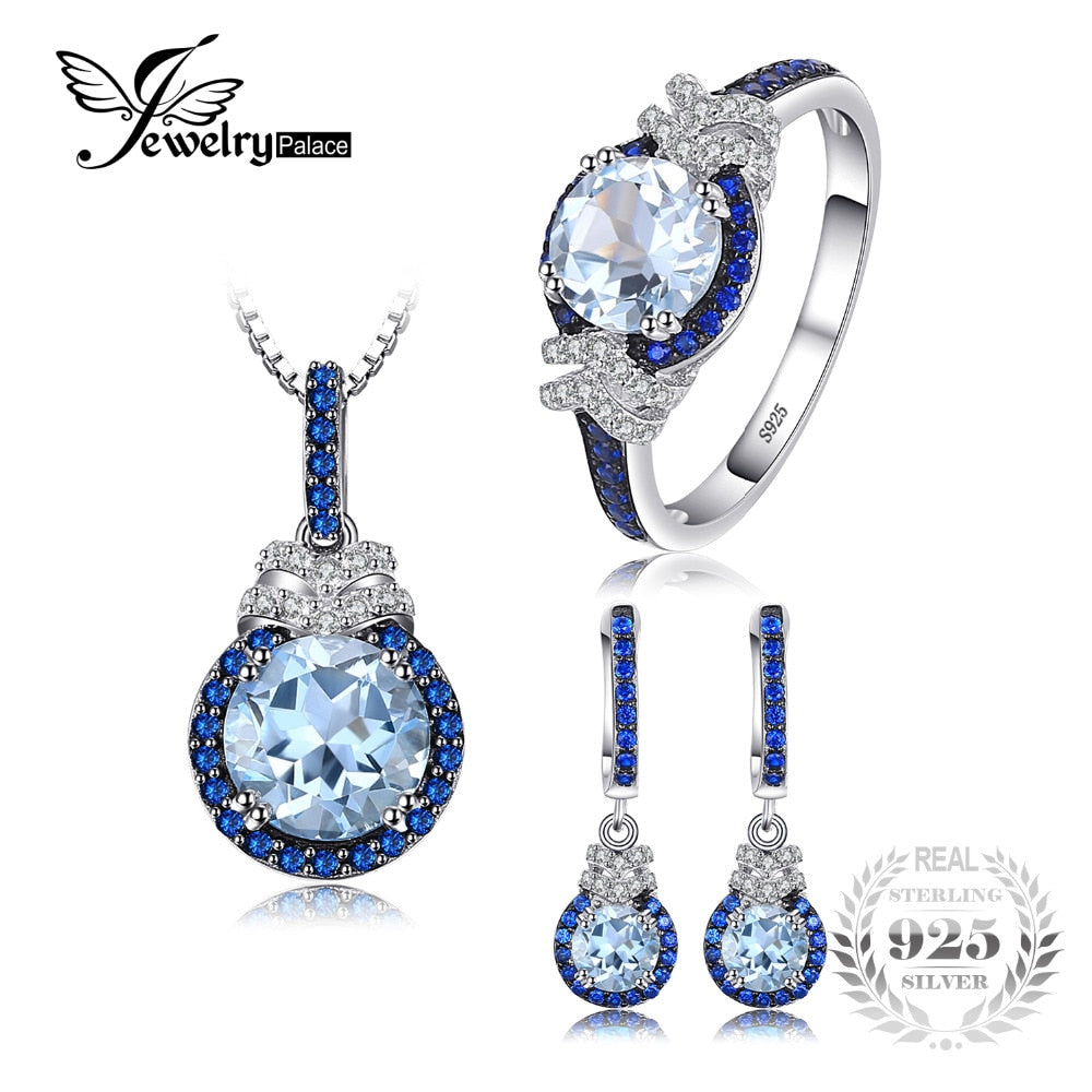 JewelryPalace Fine 5ct Sky Blue Topaz Created Blue Spinel Dangle Earrings Pendant Necklace Ring Jewelry Sets 925 Sterling Silver