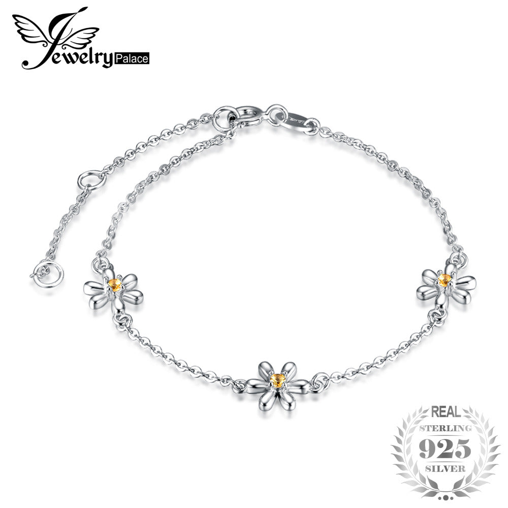 Flower 0.1ct Created Orange Sapphire Ankle Bracelet 925 Sterling Silver Chain Link Bracelets Trendy For Women Gift
