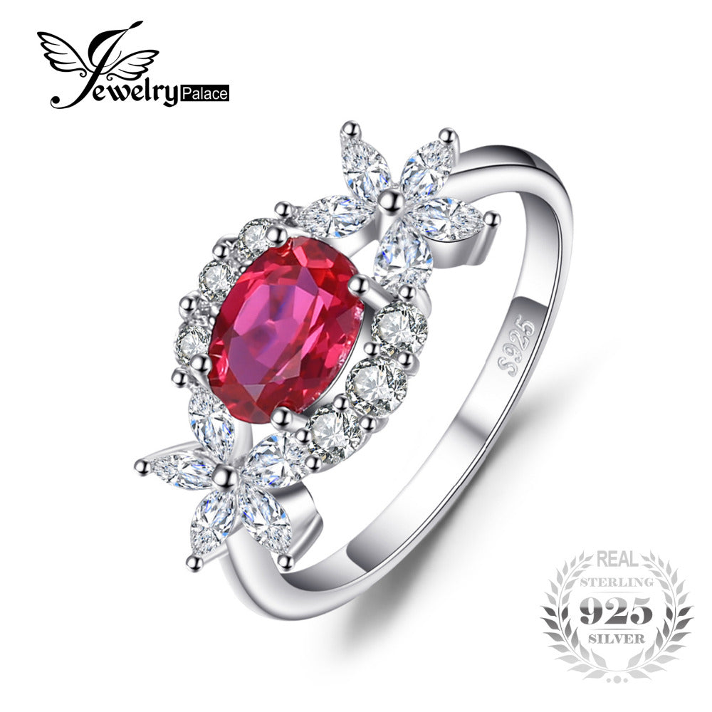 Flower 1.7ct Created Ruby Halo Ring 925 Sterling Silver New For Women Unique Gift Hot Selling For Women