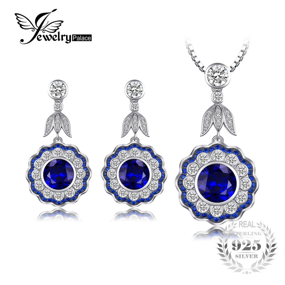 Flower 13ct Created Sapphire Pendant Necklace Dangle Earrings 925 Sterling Silver 45cm Chain Vintage Jewery Sets
